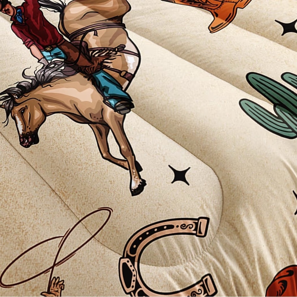 Western Cowboy Comforter Set Full Size, Rodeo Riding Bull With Cacti Set 3-Piece - Picture 5 of 8